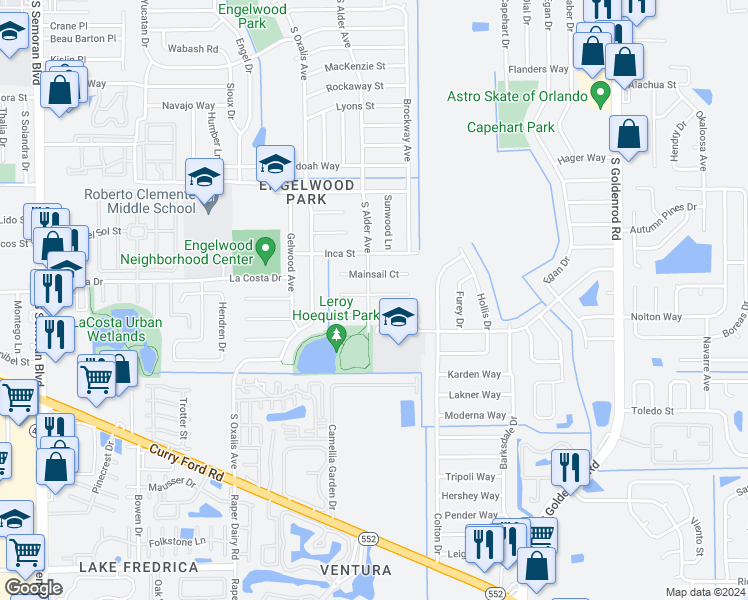 map of restaurants, bars, coffee shops, grocery stores, and more near 6402 Forecastle Court in Orlando