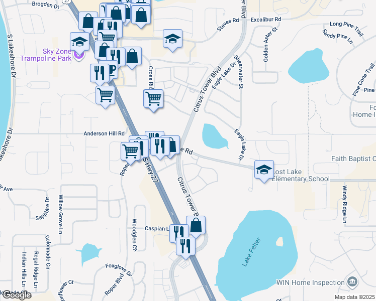 map of restaurants, bars, coffee shops, grocery stores, and more near 1602 Johns Lake Road in Clermont