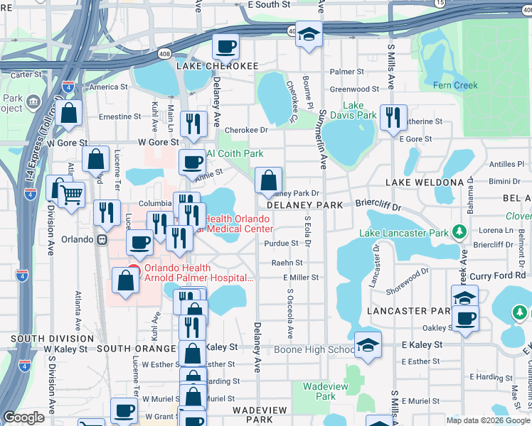 map of restaurants, bars, coffee shops, grocery stores, and more near 1213 Delaney Avenue in Orlando