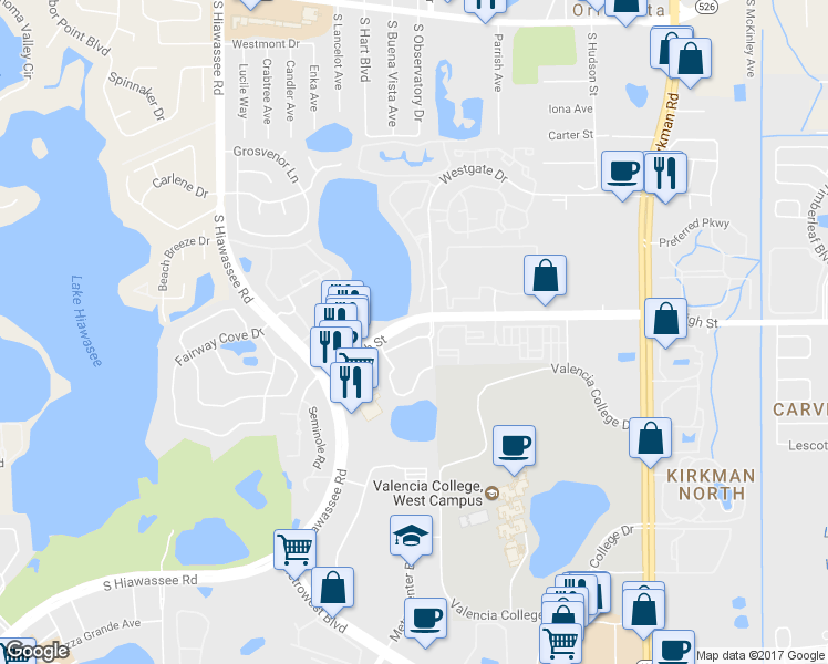 map of restaurants, bars, coffee shops, grocery stores, and more near 6308 Raleigh Street in Orlando