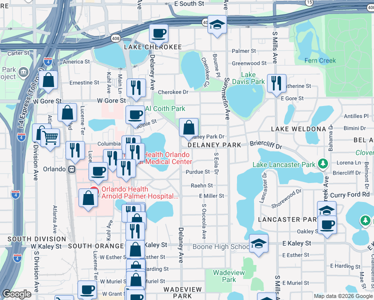 map of restaurants, bars, coffee shops, grocery stores, and more near 1213 Delaney Avenue in Orlando