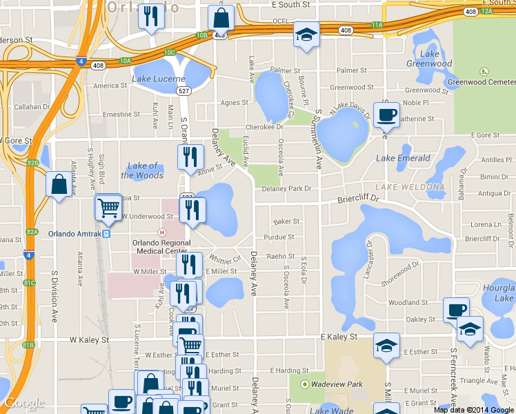 map of restaurants, bars, coffee shops, grocery stores, and more near 1213 Delaney Avenue in Orlando