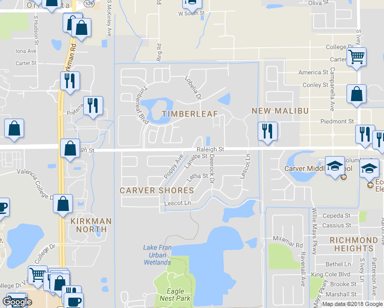 map of restaurants, bars, coffee shops, grocery stores, and more near 5201 Lanette Street in Orlando