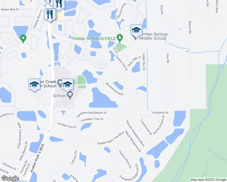 map of restaurants, bars, coffee shops, grocery stores, and more near 16214 Birchwood Way in Orlando