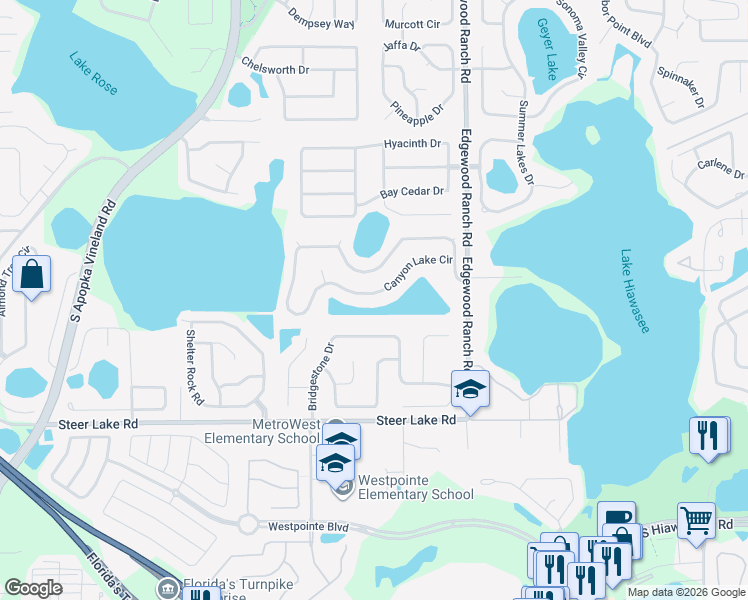 map of restaurants, bars, coffee shops, grocery stores, and more near 8091 Canyon Lake Circle in Orlando