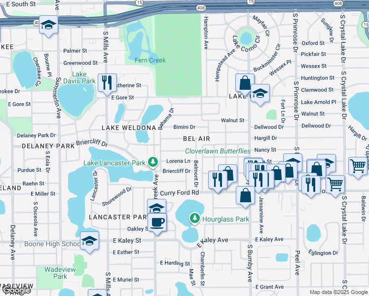 map of restaurants, bars, coffee shops, grocery stores, and more near 1810 Pepperidge Drive in Orlando