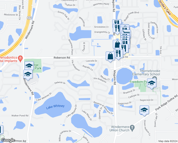 map of restaurants, bars, coffee shops, grocery stores, and more near 11237 Vía Andiamo in Windermere