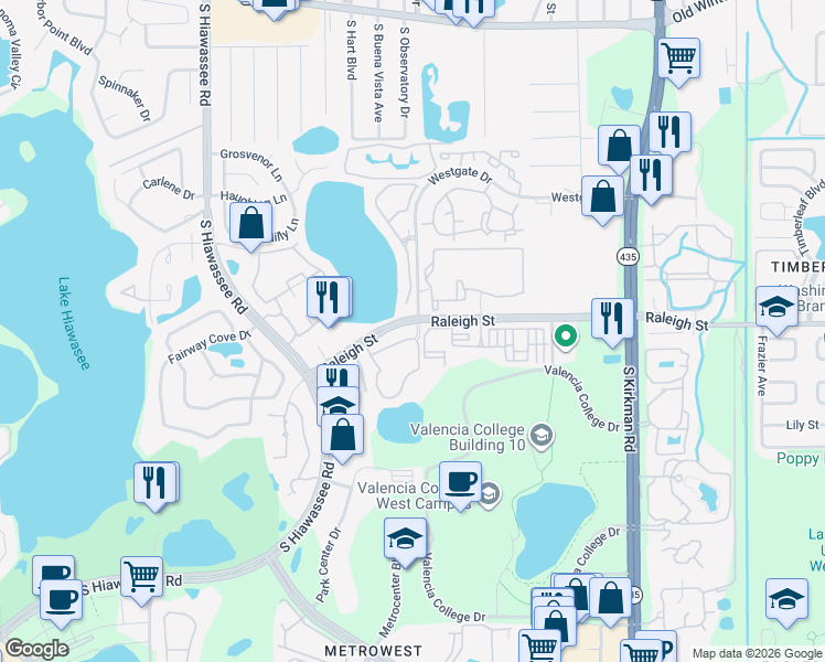 map of restaurants, bars, coffee shops, grocery stores, and more near 6308 Raleigh Street in Orlando