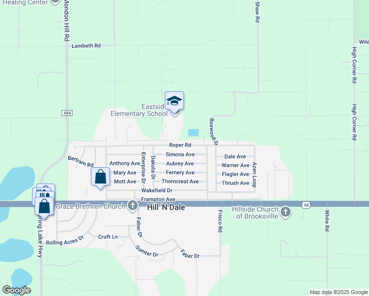 map of restaurants, bars, coffee shops, grocery stores, and more near 27160 Roper Road in Brooksville