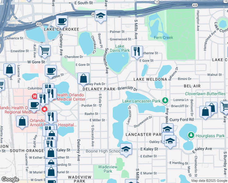 map of restaurants, bars, coffee shops, grocery stores, and more near 1215 Austin Road in Orlando