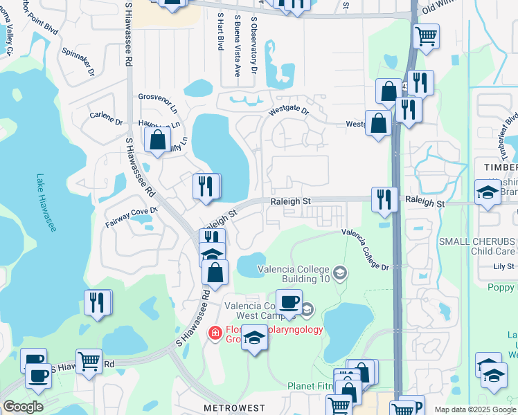 map of restaurants, bars, coffee shops, grocery stores, and more near 6308 Raleigh Street in Orlando