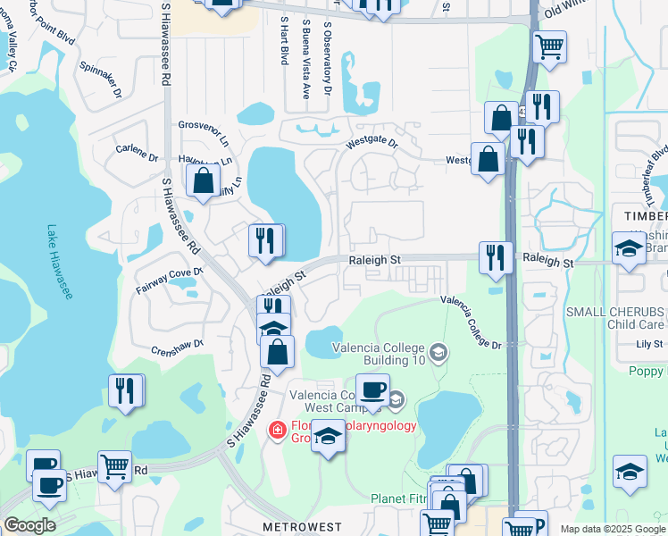 map of restaurants, bars, coffee shops, grocery stores, and more near 6308 Raleigh Street in Orlando