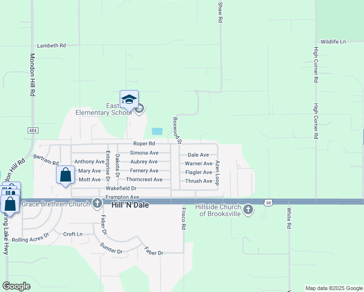 map of restaurants, bars, coffee shops, grocery stores, and more near 27254 Roper Road in Brooksville