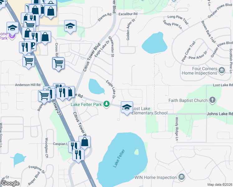 map of restaurants, bars, coffee shops, grocery stores, and more near 2835 Eagle Lake Drive in Clermont