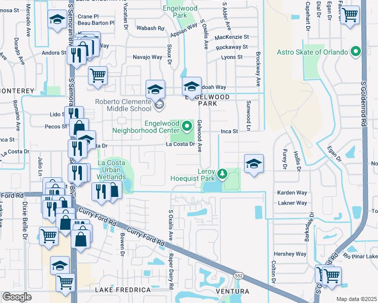 map of restaurants, bars, coffee shops, grocery stores, and more near 6137 Jibway Court in Orlando