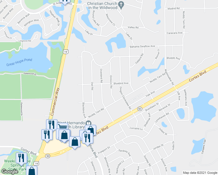 map of restaurants, bars, coffee shops, grocery stores, and more near 6533 Orinoco Road in Weeki Wachee