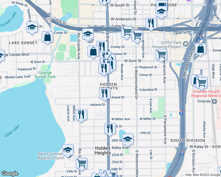map of restaurants, bars, coffee shops, grocery stores, and more near 1225 South Orange Blossom Trail in Orlando
