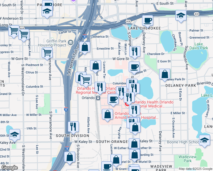 map of restaurants, bars, coffee shops, grocery stores, and more near 121 West Underwood Street in Orlando