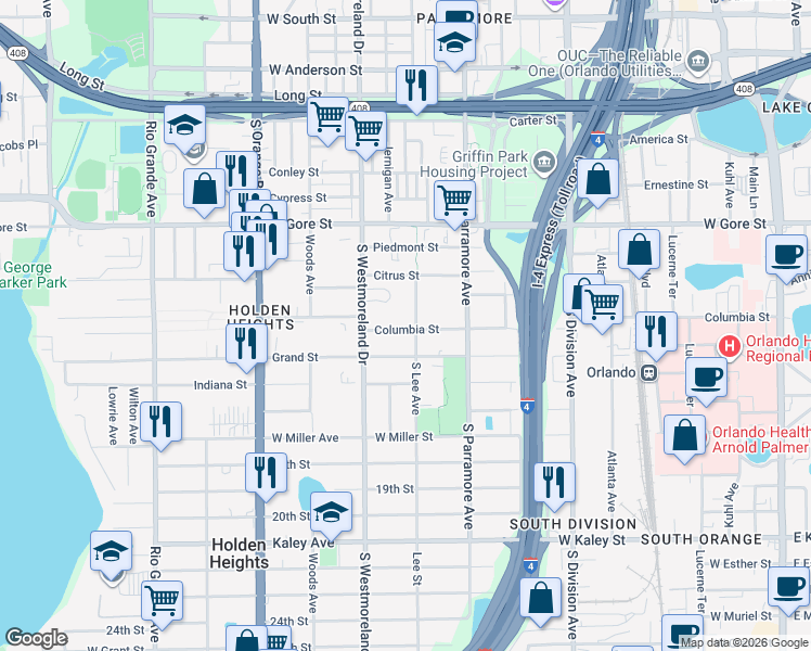 map of restaurants, bars, coffee shops, grocery stores, and more near 912 Columbia Street in Orlando