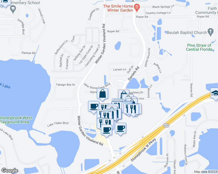 map of restaurants, bars, coffee shops, grocery stores, and more near 13713 Glynshel Drive in Winter Garden