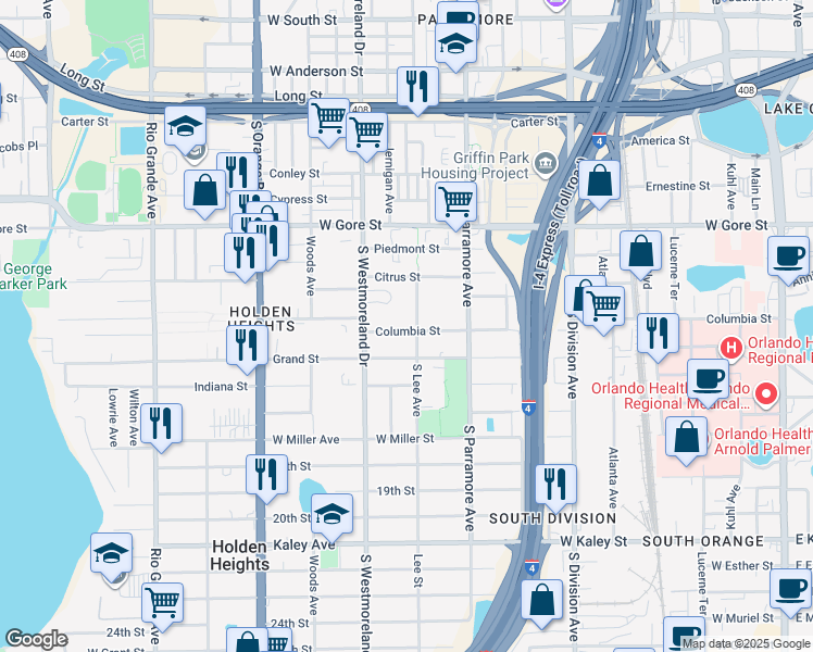 map of restaurants, bars, coffee shops, grocery stores, and more near 912 Columbia Street in Orlando