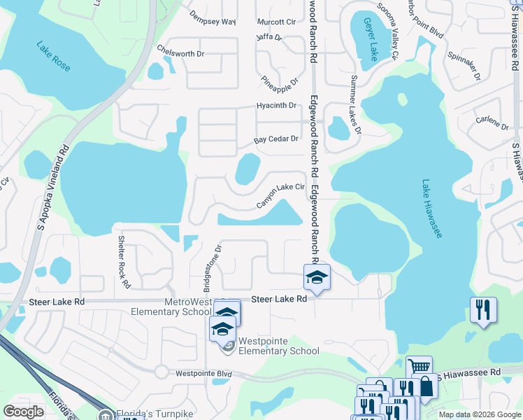map of restaurants, bars, coffee shops, grocery stores, and more near 8091 Canyon Lake Circle in Orlando