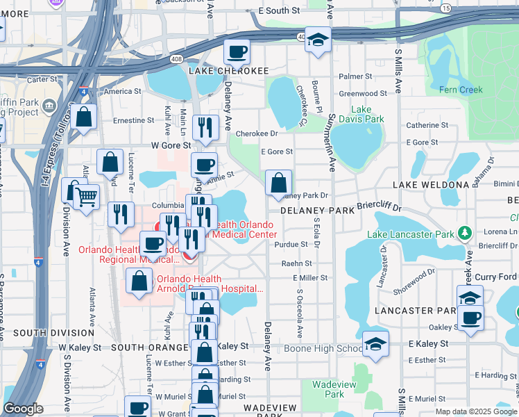 map of restaurants, bars, coffee shops, grocery stores, and more near 1218 Delaney Avenue in Orlando