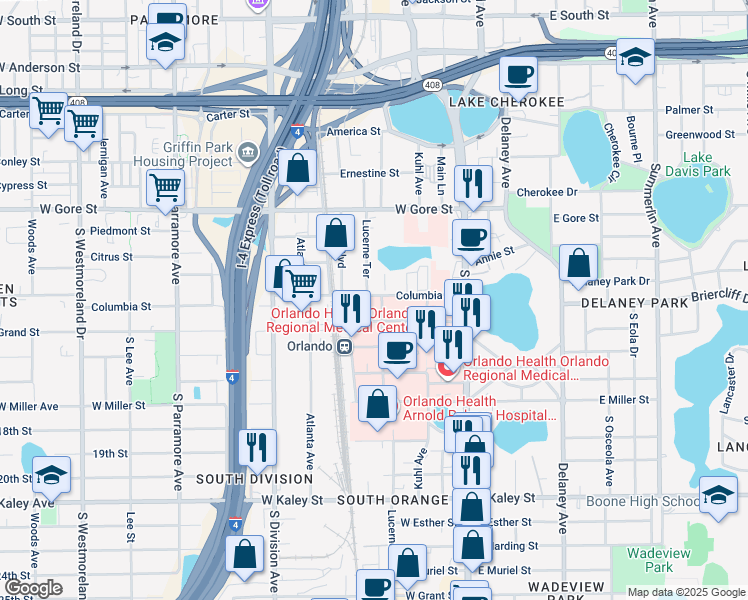 map of restaurants, bars, coffee shops, grocery stores, and more near 121 West Underwood Street in Orlando