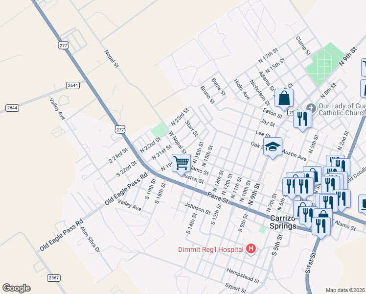 map of restaurants, bars, coffee shops, grocery stores, and more near 400 North 19th Street in Carrizo Springs