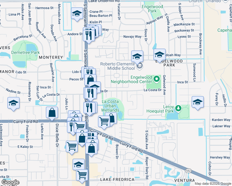 map of restaurants, bars, coffee shops, grocery stores, and more near 5882 La Costa Drive in Orlando