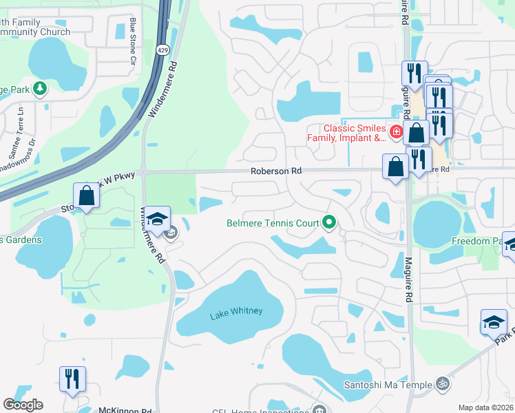 map of restaurants, bars, coffee shops, grocery stores, and more near 11527 Via Lucerna Circle in Windermere