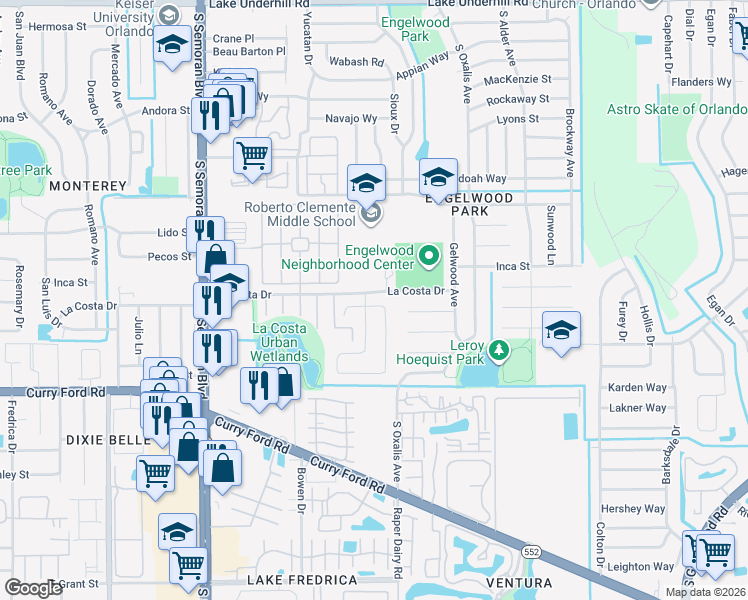 map of restaurants, bars, coffee shops, grocery stores, and more near 5985 La Costa Drive in Orlando