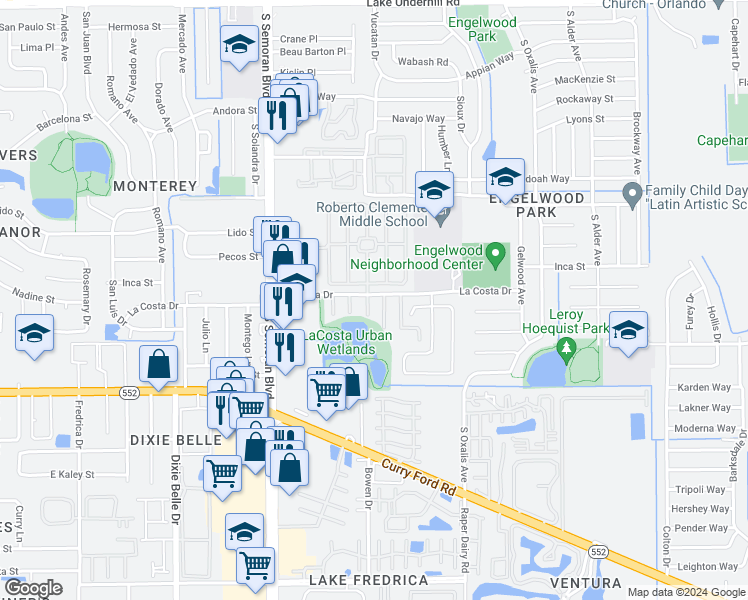 map of restaurants, bars, coffee shops, grocery stores, and more near 1199 Mancha Real Drive in Orlando