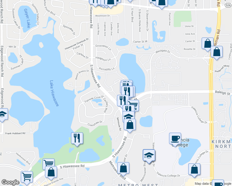 map of restaurants, bars, coffee shops, grocery stores, and more near 1055 South Hiawassee Road in Orlando