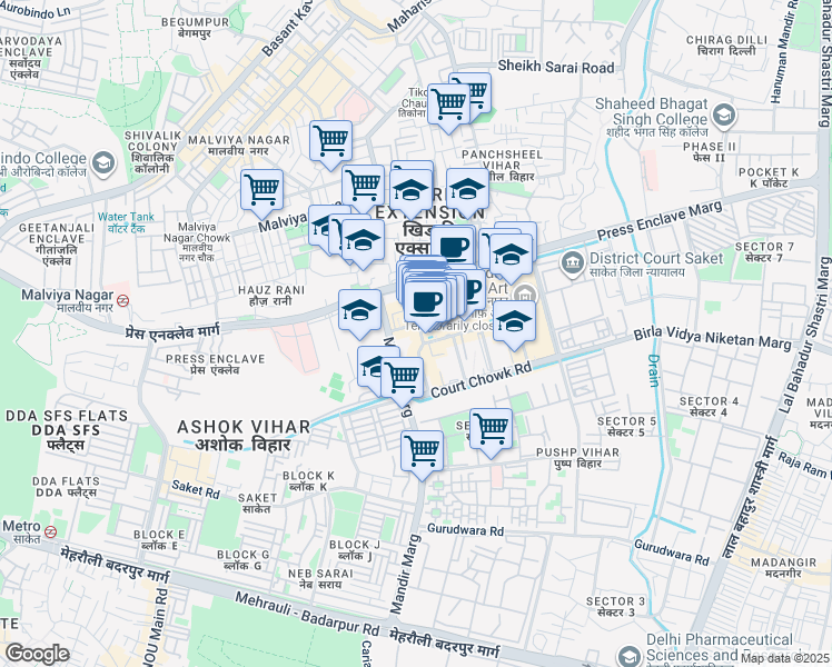 map of restaurants, bars, coffee shops, grocery stores, and more near in New Delhi