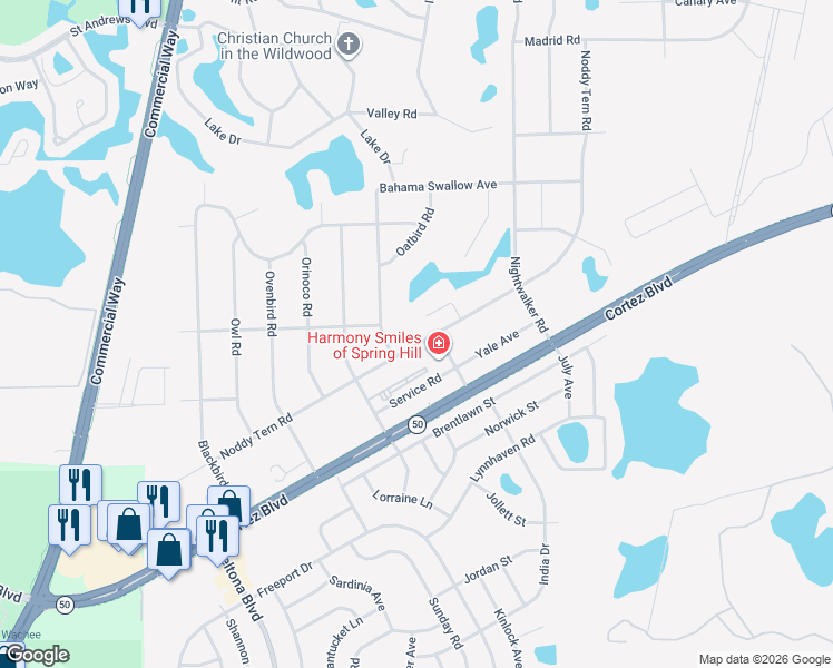 map of restaurants, bars, coffee shops, grocery stores, and more near 10145 Noddy Tern Road in Brooksville