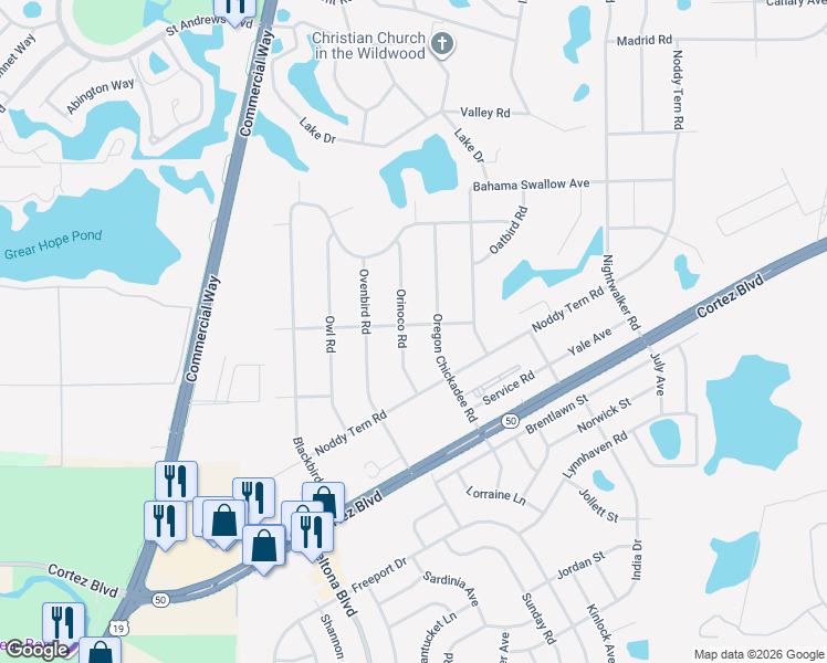 map of restaurants, bars, coffee shops, grocery stores, and more near 10006 Bluebird Avenue in Weeki Wachee