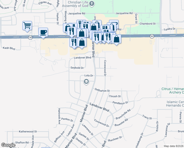 map of restaurants, bars, coffee shops, grocery stores, and more near 6810 Mariner Boulevard in Spring Hill