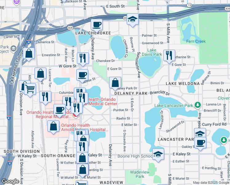 map of restaurants, bars, coffee shops, grocery stores, and more near 414 Delaney Park Drive in Orlando