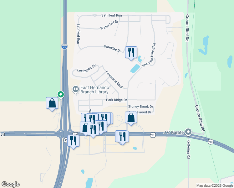 map of restaurants, bars, coffee shops, grocery stores, and more near 6447 Ashmont Avenue in Brooksville