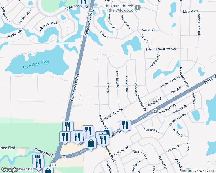 map of restaurants, bars, coffee shops, grocery stores, and more near 9400 Bluebird Avenue in Brooksville