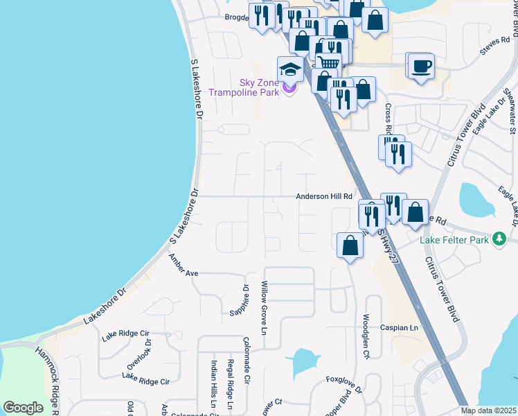 map of restaurants, bars, coffee shops, grocery stores, and more near 16504 Sunshine Drive in Clermont