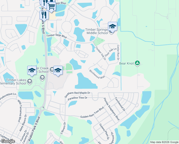 map of restaurants, bars, coffee shops, grocery stores, and more near 16124 Birchwood Way in Orlando