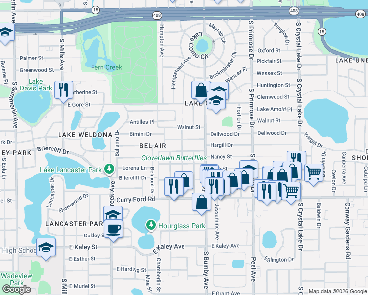 map of restaurants, bars, coffee shops, grocery stores, and more near 2118 Hargill Drive in Orlando