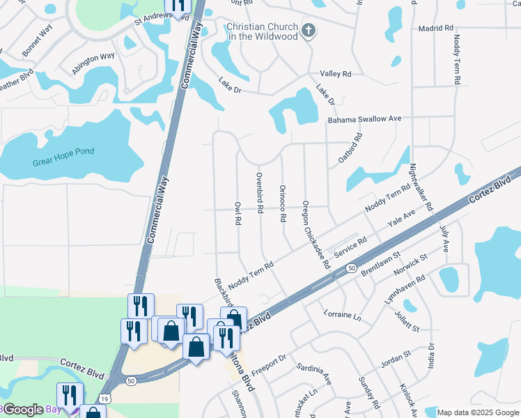 map of restaurants, bars, coffee shops, grocery stores, and more near 7024 Owl Road in Spring Hill