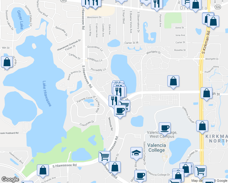 map of restaurants, bars, coffee shops, grocery stores, and more near 1081 South Hiawassee Road in Orlando