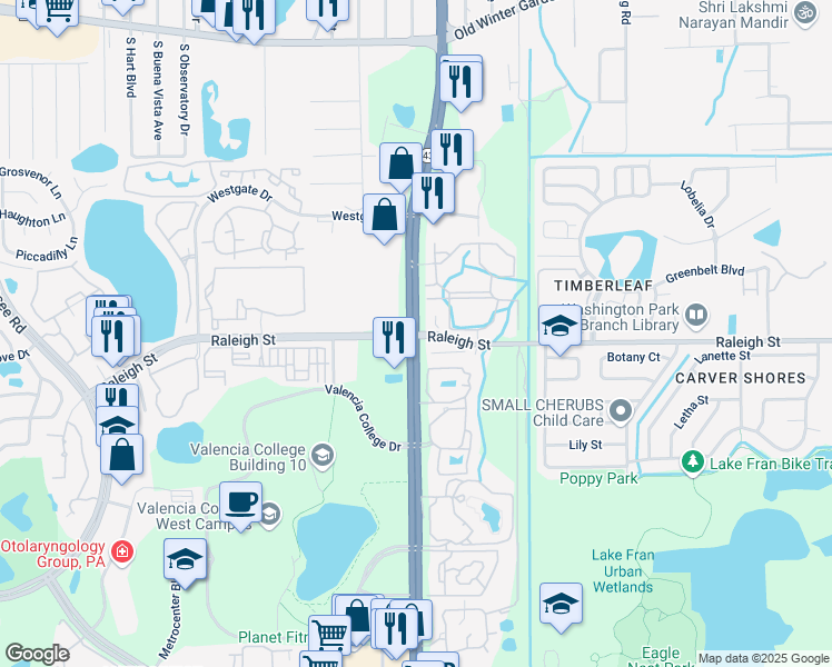 map of restaurants, bars, coffee shops, grocery stores, and more near S Kirkman Rd & Raleigh St in Orlando