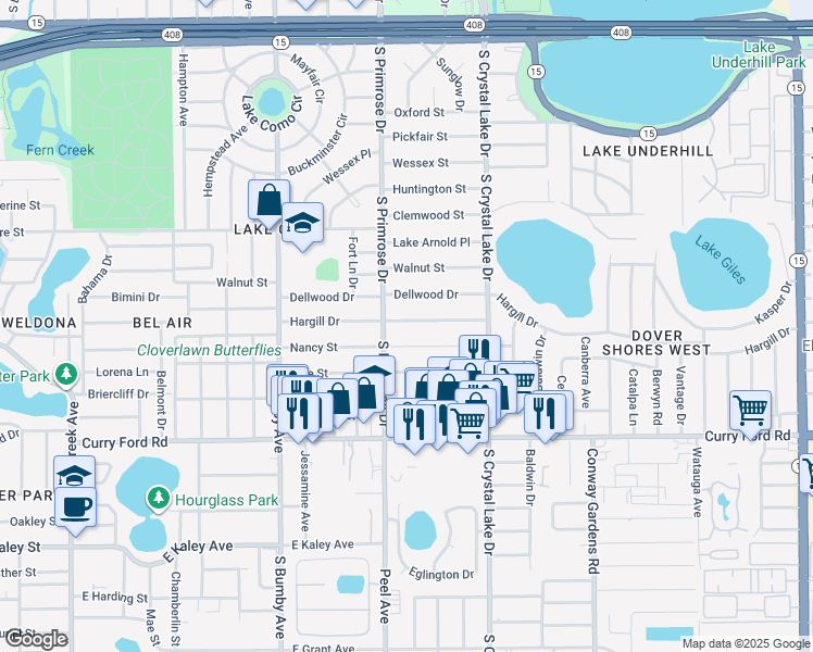 map of restaurants, bars, coffee shops, grocery stores, and more near 2901 Hargill Drive in Orlando