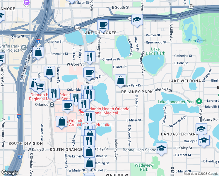 map of restaurants, bars, coffee shops, grocery stores, and more near 1100 Delaney Avenue in Orlando