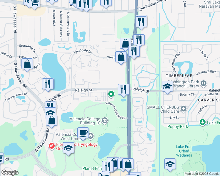 map of restaurants, bars, coffee shops, grocery stores, and more near 5897 Raleigh Street in Orlando
